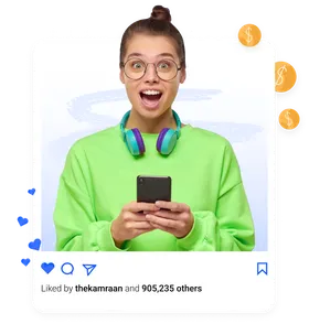 Illustration of a person excitedly looking at their phone, surrounded by likes and dollar icons
