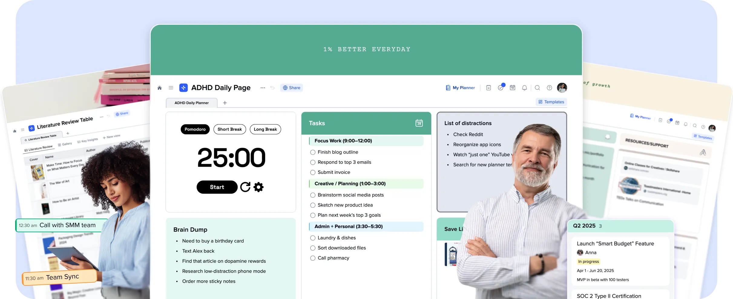 Collage of xTiles workspace screenshots including an ADHD daily planner and task lists