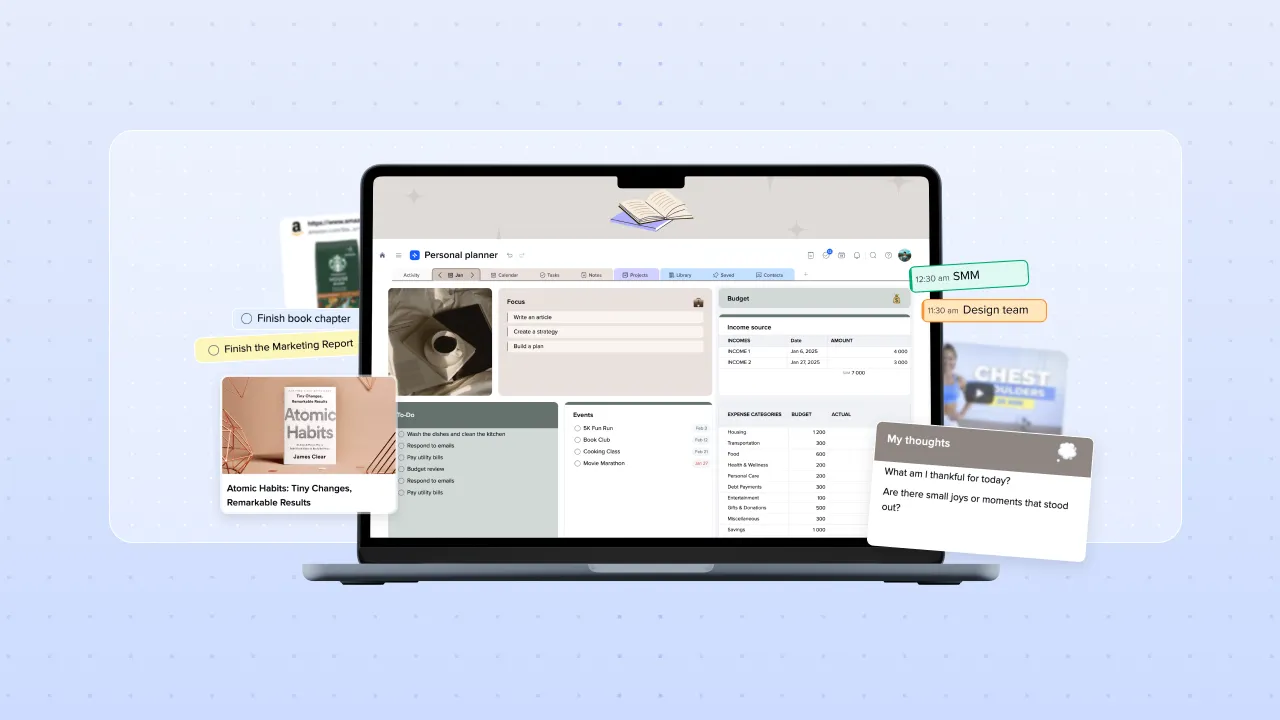 xTiles personal planner dashboard showing a Focus panel, a Budget breakdown, a To-Do list, an Events calendar, and floating saved items including a book and a video clip