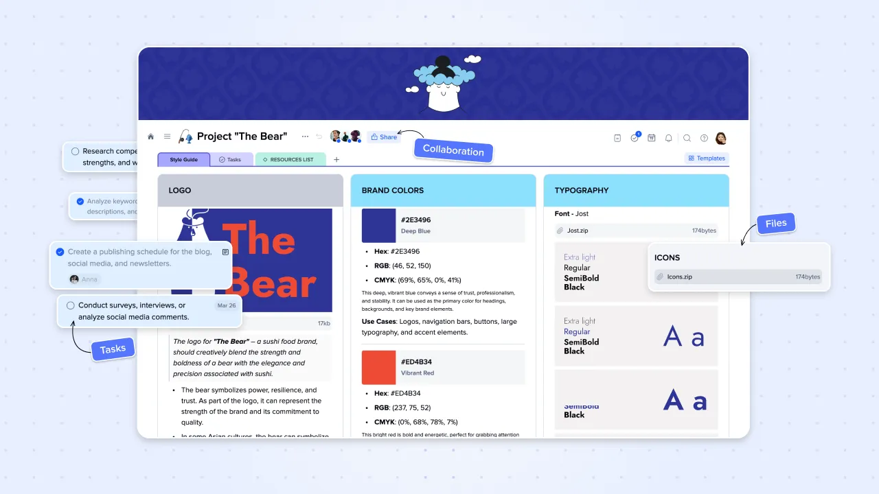 xTiles project page showing a Style Guide tab with brand colors and typography, alongside Tasks and a Resources List tab, plus attached files including Icons.zip in the same workspace