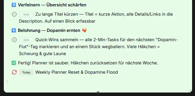 Weekly Planner Reset checklist in xTiles showing step 3 refine and step 4 reward with quick wins